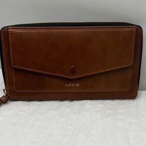 Lodis Brown Leather Zip Wallet with Front Snap Pocket 10 Credit Card Slots